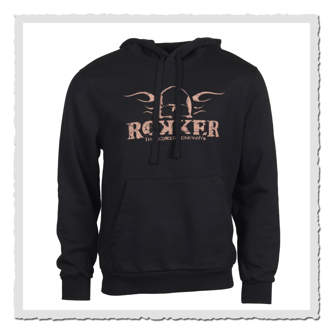 Produktfoto eines schwarzen Kapuzenpullovers von vorn auf hellem Hintergrund mit Brustmotiv.